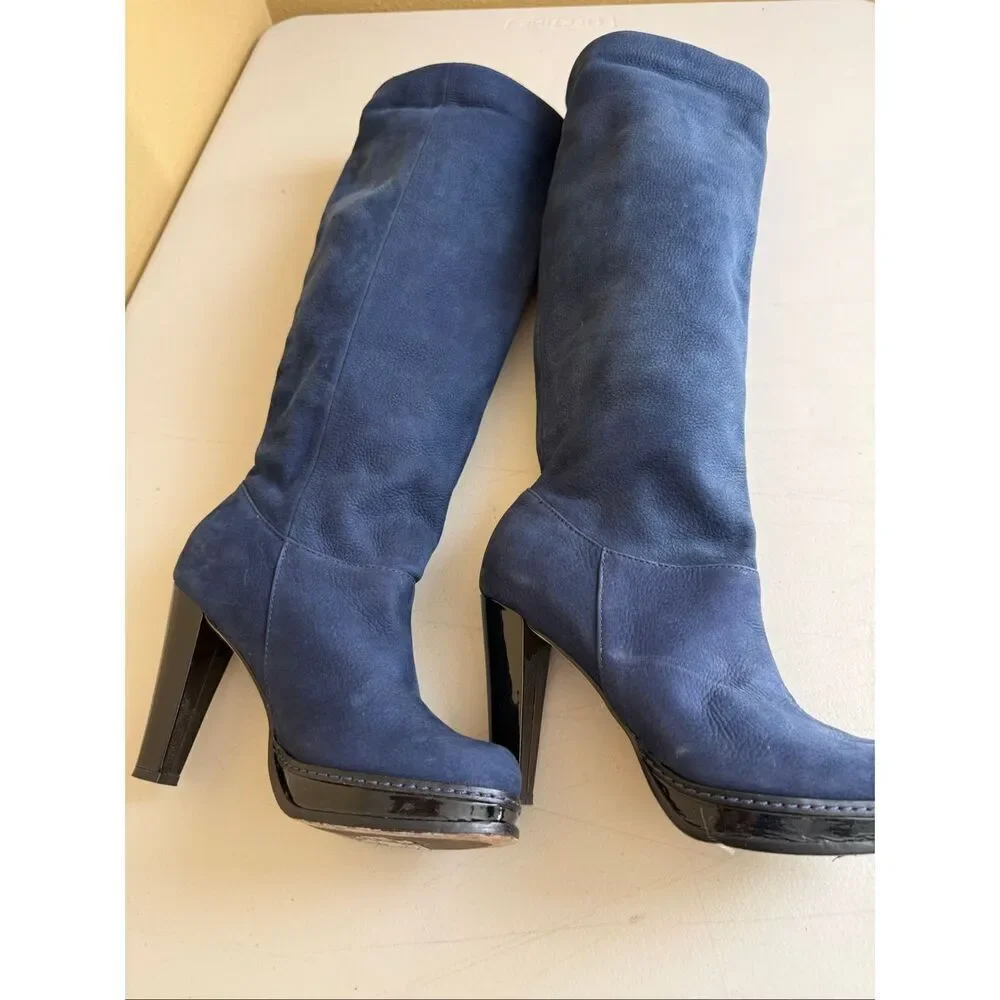 Cole Haan Blue Suede Knee High Boots Size 6B Platform Heel Black Patent